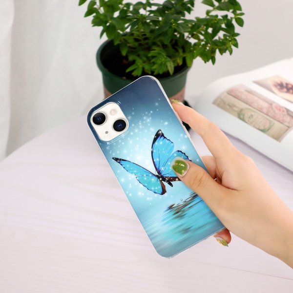 iPhone 15 Plus Suojakuori Perhoskuviointi Sininen