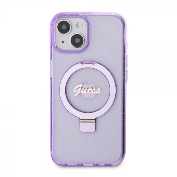 Guess iPhone 15 Plus Suojakuori Sormusteline Glitter MagSafe Violetti