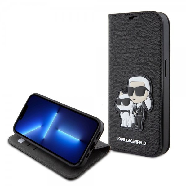 Karl Lagerfeld iPhone 15 Pro -suojakotelo NFT Karl & Choupette Patch Saffiano Musta