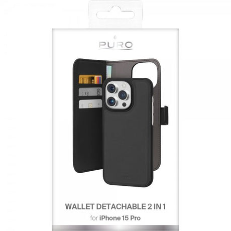 Puro iPhone 15 Pro -kotelo lompakolla irrotettava 2-in-1 musta