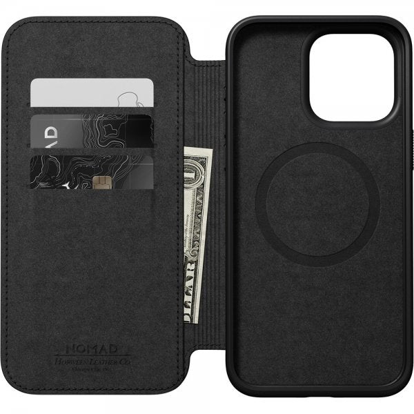 Nomad iPhone 15 Pro Max -kotelo, Modern Leather Folio, Horween, musta