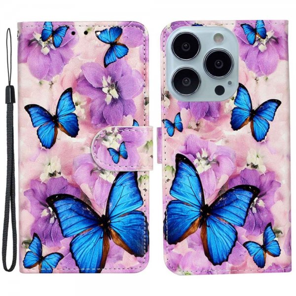 iPhone 15 Pro Max Kuori, kuviot: liilat kukat, siniset perhoset