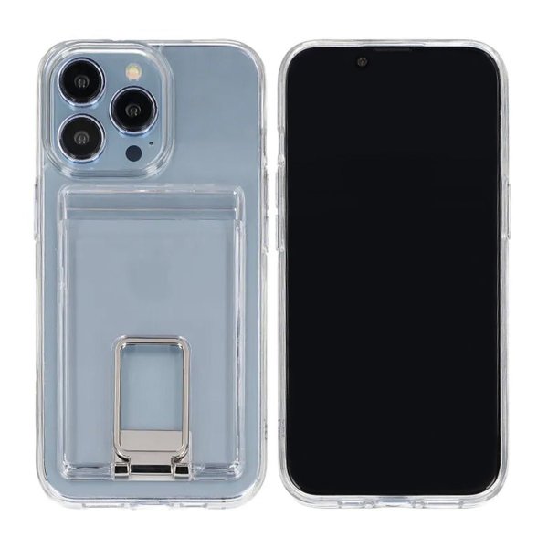 Rvelon iPhone 15 Pro Max -kuori jalustalla ja korttipaikalla, läpinäkyvä