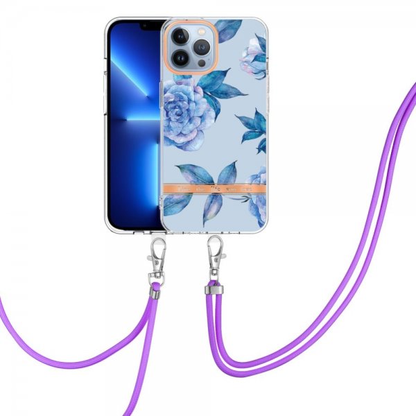 iPhone 15 Pro Max Kuori Kukkakuviointi hihnalla Sininen Pioni