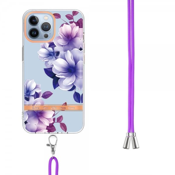 iPhone 15 Pro Max Kuori Kukkakuviointi ja Hihna Liila Begonia