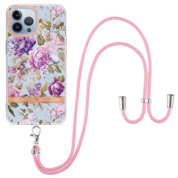 iPhone 15 Pro Max Kuori Kukkakuviointi hihnalla, violetti pioni