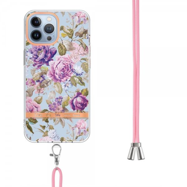 iPhone 15 Pro Max Kuori Kukkakuviointi hihnalla, violetti pioni