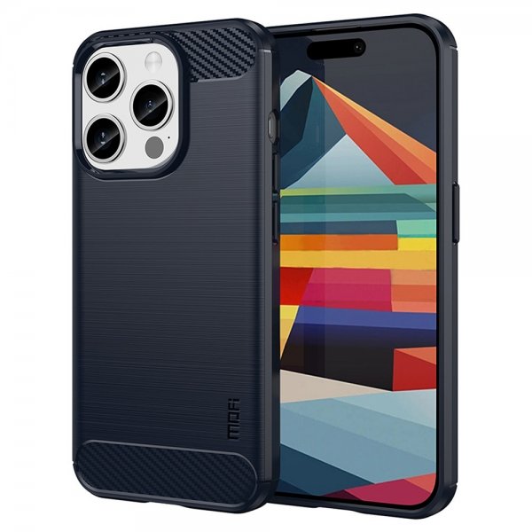 Mofi iPhone 15 Pro Max -kuori harjatulla hiilikuitutekstuurilla, sininen