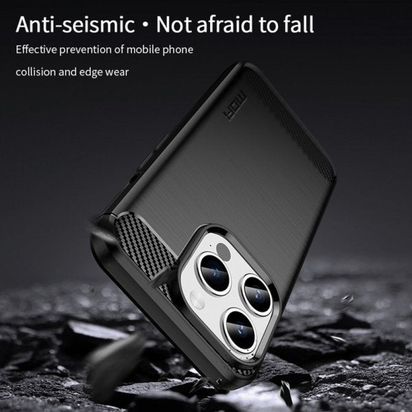 Mofi iPhone 15 Pro Max -kuori harjatulla hiilikuitutekstuurilla, sininen