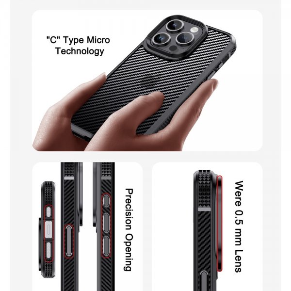 Ipaky iPhone 15 Pro Max -hiilikuitukuvioitu suojakuori, musta