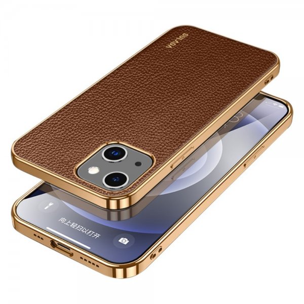 Sulada iPhone 15 Pro Max Kuori Litsi-kuvioitu pinnoitettu reuna kahvi