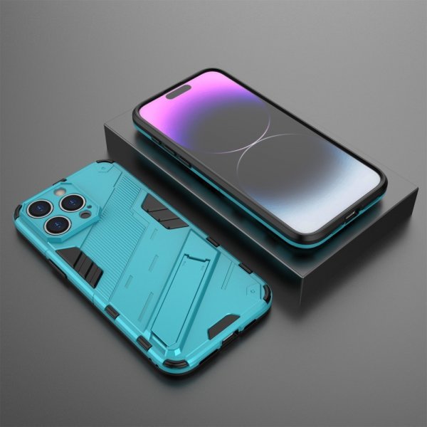 iPhone 15 Pro Max -kotelo jalustalla, vaaleansininen