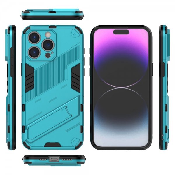 iPhone 15 Pro Max -kotelo jalustalla, vaaleansininen
