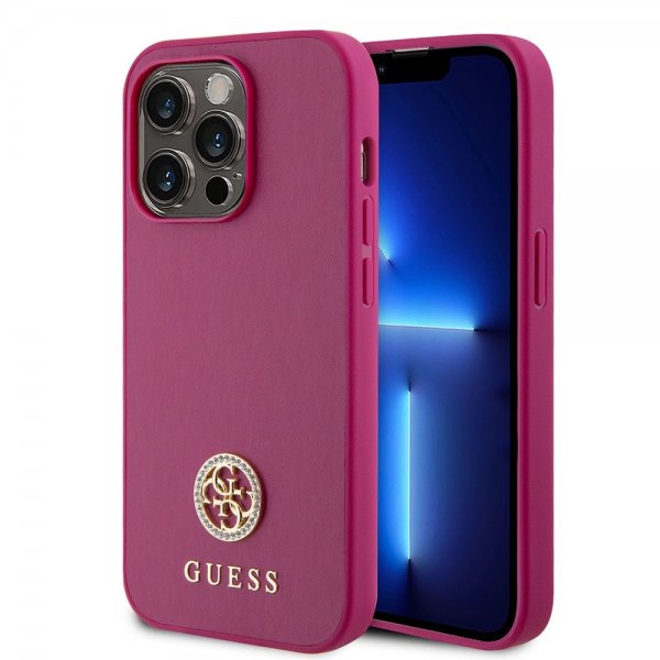 Guess iPhone 15 Pro Max Kuori Metallilogo Strassi Metallinpinkki