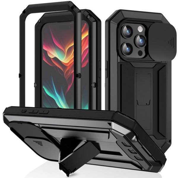 R-JUST iPhone 15 Pro Max Kuori Metalli Iskunkestävä Kameran Suoja Musta