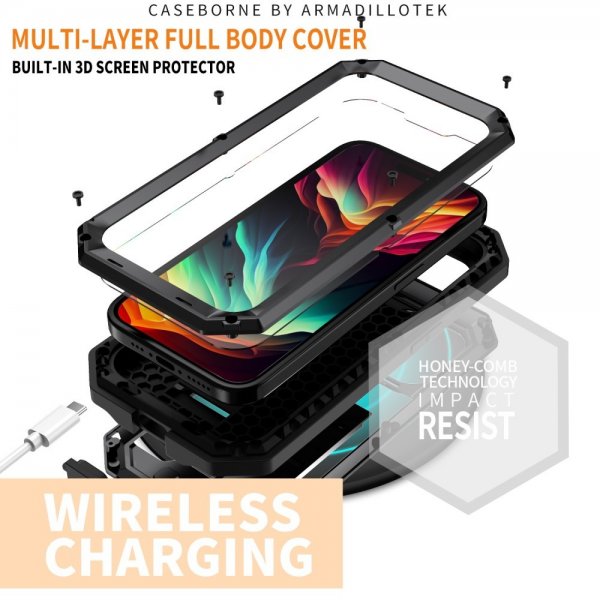 R-JUST iPhone 15 Pro Max Kuori Metalli Iskunkestävä Kameran Suoja Musta