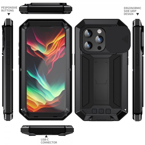 R-JUST iPhone 15 Pro Max Kuori Metalli Iskunkestävä Kameran Suoja Musta