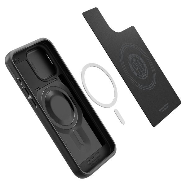 Spigen iPhone 15 Pro Max -suojakuori Optik Armor MagFit Musta