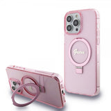 Guess iPhone 15 Pro Max Kuori Sormustandardilla Glitter MagSafe Roosa