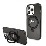 Guess iPhone 15 Pro Max Kuori Sormusteline Glitter MagSafe Musta