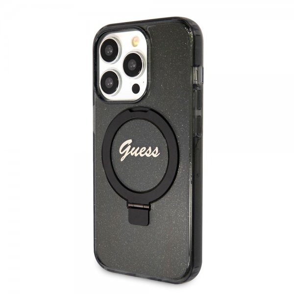 Guess iPhone 15 Pro Max Kuori Sormusteline Glitter MagSafe Musta
