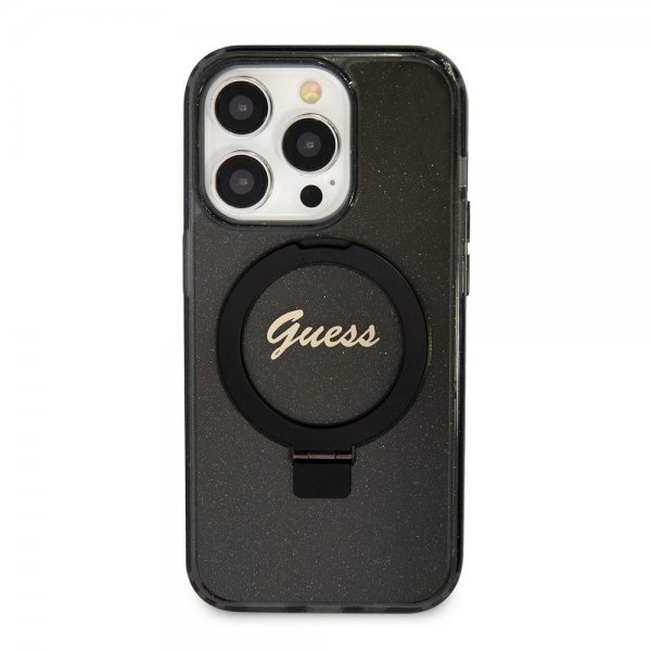 Guess iPhone 15 Pro Max Kuori Sormusteline Glitter MagSafe Musta