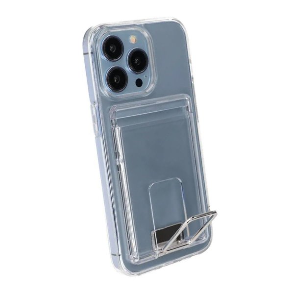 Rvelon iPhone 15 Pro -kuori jalustalla ja korttitelineellä, läpinäkyvä