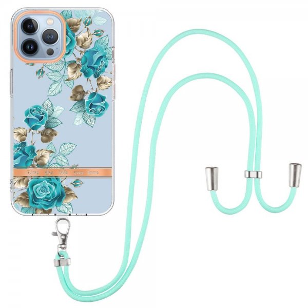 iPhone 15 Pro Kuori Kukkakuviointi hihnalla Siniset ruusut