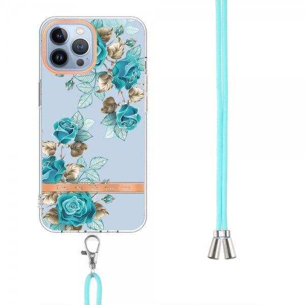 iPhone 15 Pro Kuori Kukkakuviointi hihnalla Siniset ruusut