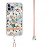 iPhone 15 Pro -kuoret kukkakuviolla ja rannehihnalla, vihreä gardenia