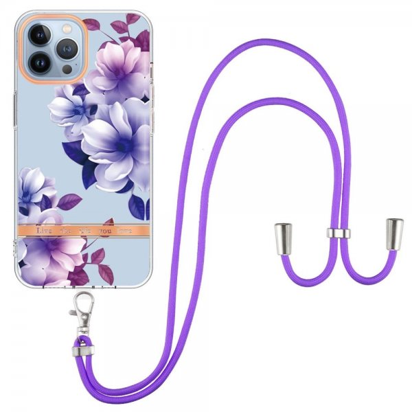 iPhone 15 Pro -kuori, kukkakuvio, ranneke, liila begonia