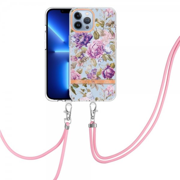 iPhone 15 Pro Kuori Kukkakuviointi hihnalla, violetti pioni