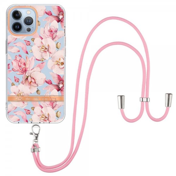iPhone 15 Pro Kuori Kukkakuviointi hihnalla Ruusuinen Gardenia