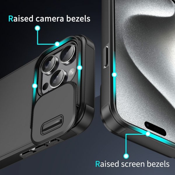 iPhone 15 Pro -suojakuori kameralinssin liu'ulla, musta