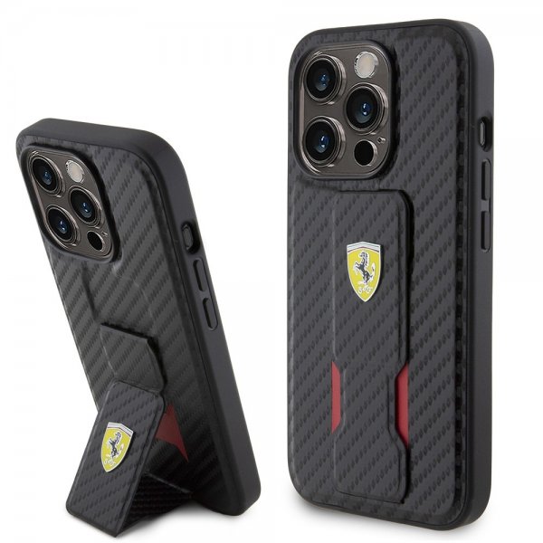 Ferrari iPhone 15 Pro -kuori, jossa tarttumistuki, musta