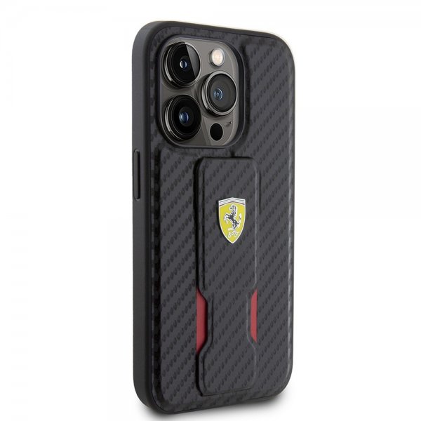Ferrari iPhone 15 Pro -kuori, jossa tarttumistuki, musta