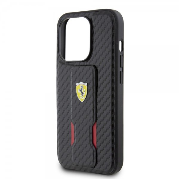 Ferrari iPhone 15 Pro -kuori, jossa tarttumistuki, musta