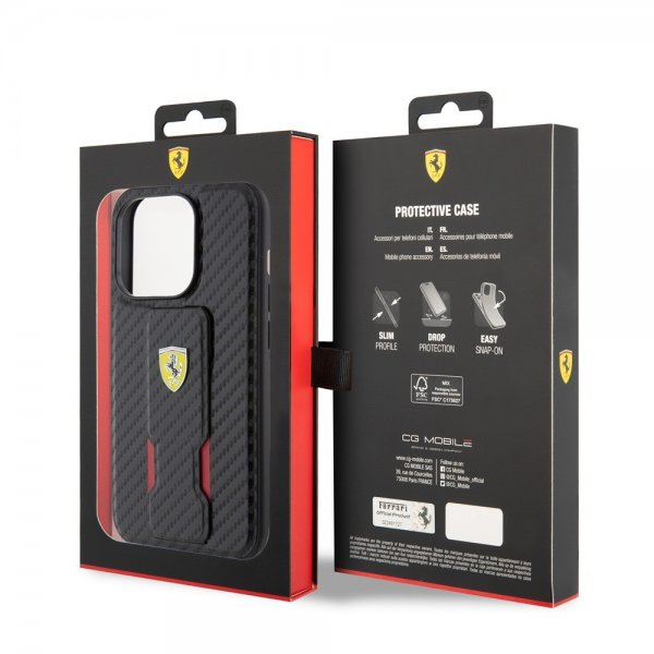 Ferrari iPhone 15 Pro -kuori, jossa tarttumistuki, musta