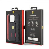 Ferrari iPhone 15 Pro -kuori, jossa tarttumistuki, musta