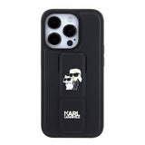 Karl Lagerfeld iPhone 15 Pro -suojakuori jalustalla, musta