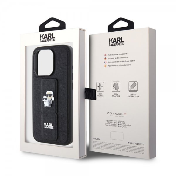 Karl Lagerfeld iPhone 15 Pro -suojakuori jalustalla, musta