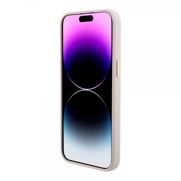 Guess iPhone 15 Pro -kuori, nestemäinen silikoni, metallinen logo, vaaleanpunainen