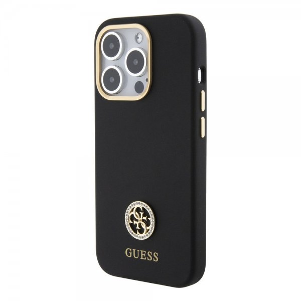 Guess iPhone 15 Pro -kuori, Liquid Silicone, Metal Logo, musta