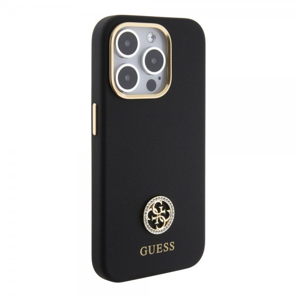 Guess iPhone 15 Pro -kuori, Liquid Silicone, Metal Logo, musta