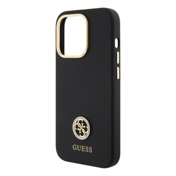 Guess iPhone 15 Pro -kuori, Liquid Silicone, Metal Logo, musta