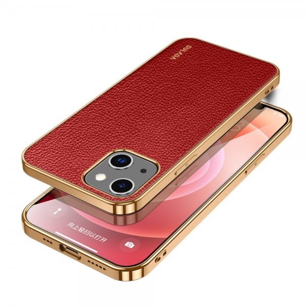 Sulada iPhone 15 Pro -kuori, litsikuvioitu, kullattu reuna, punainen