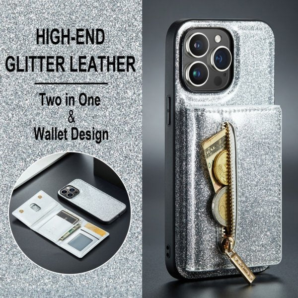 Dg.Ming iPhone 15 Pro Kuori M3-sarja Irrotettava Korttipidike Glitterhopea
