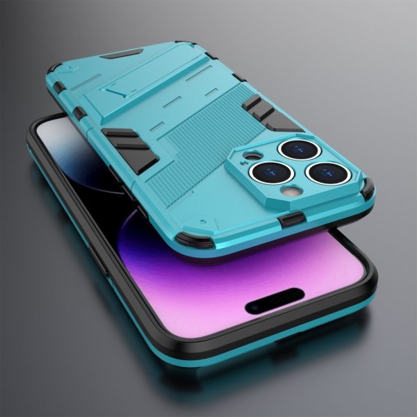 iPhone 15 Pro -kotelo jalustalla, vaaleansininen