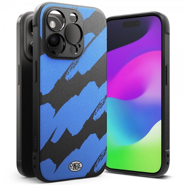 Ringke iPhone 15 Pro -suojakuori, Onyx Design, Blue Brush