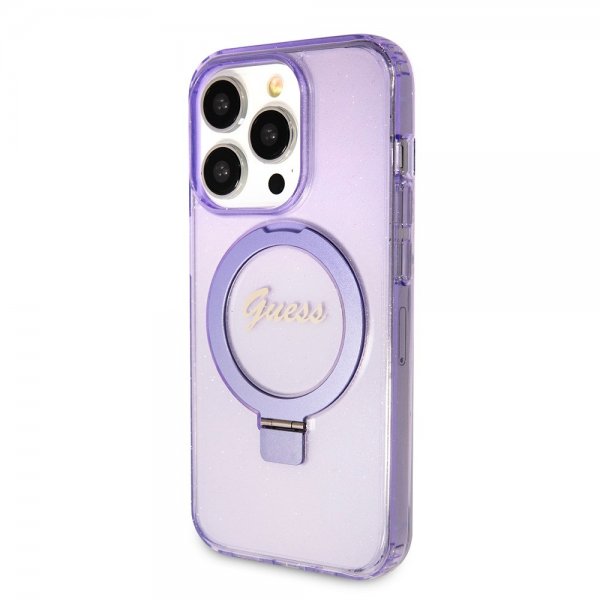 Guess iPhone 15 Pro Kuori Ring Stand Glitter MagSafe Violetti